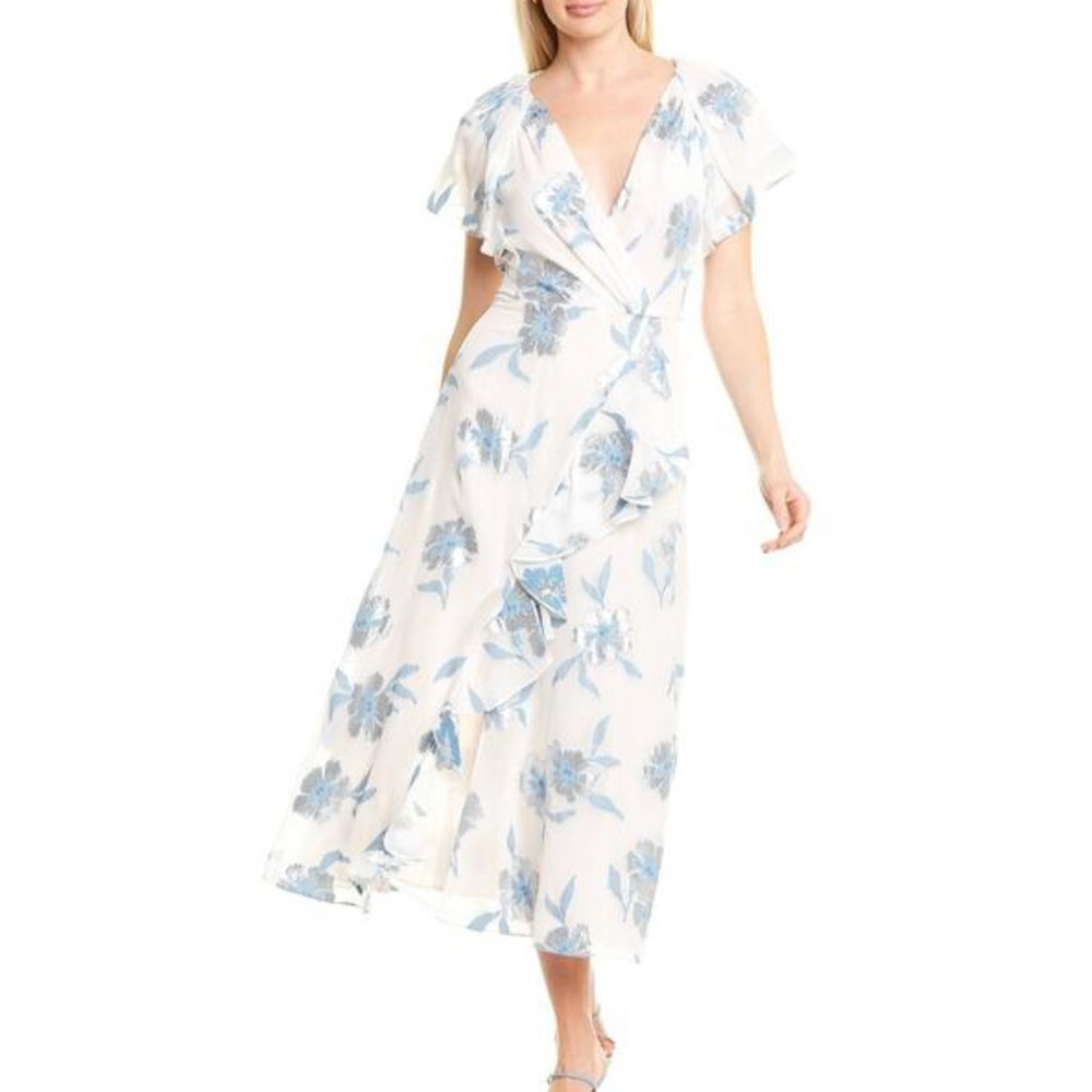 NEW Rebecca Taylor Women Met Fleur Silk Silver Floral Ruffle Flutter Midi Dress - Picture 4 of 7